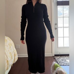 Sweaty Betty Black Long-Sleeve Ribbed Zip-Neck Dress